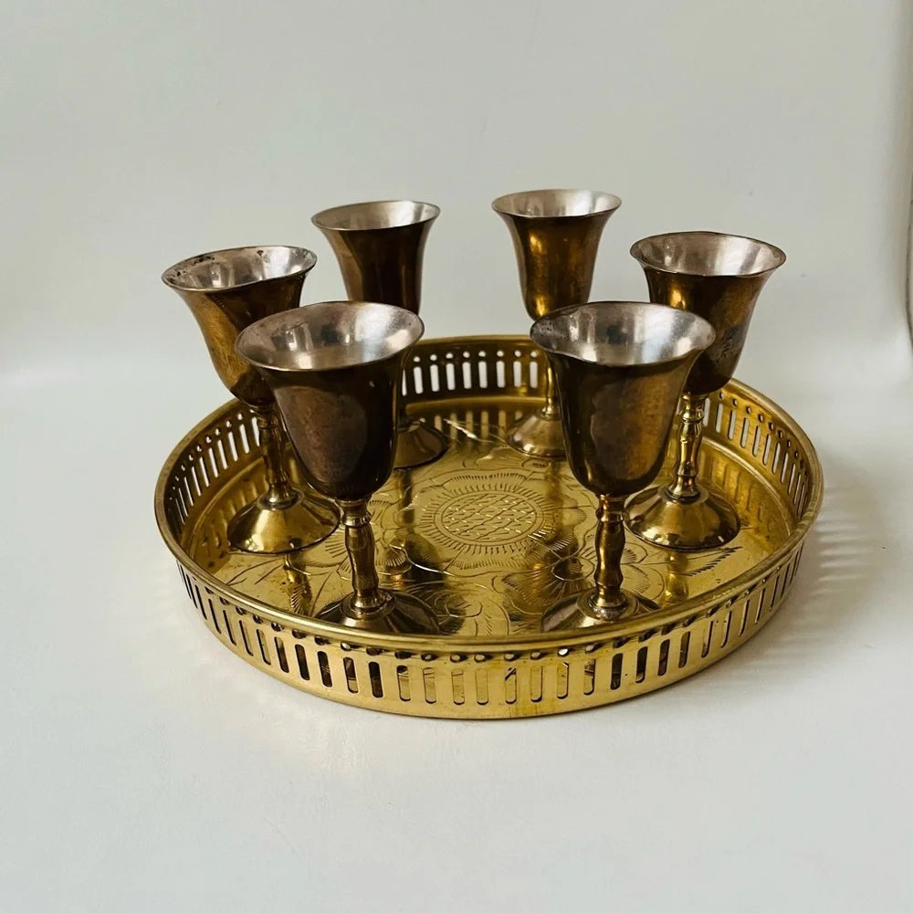Elegant Brass and Silver Goblet Set with Tray